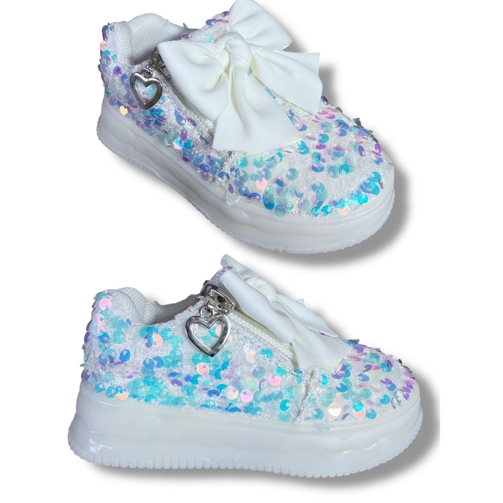 Kids Girls White Sequin Bow Heart Charm Zip Sneakers Toddler Sz 4 baby